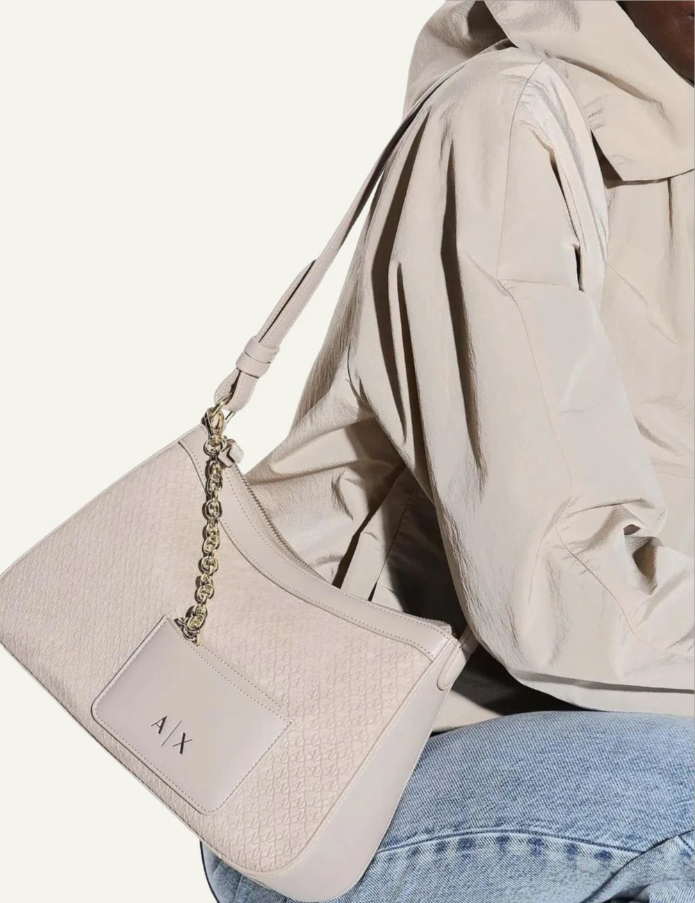 armani exchange beige shoulder bag with chain detail model view