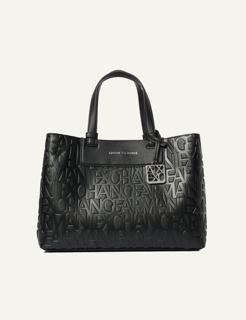 armani exchange black embossed logo tote bag front view