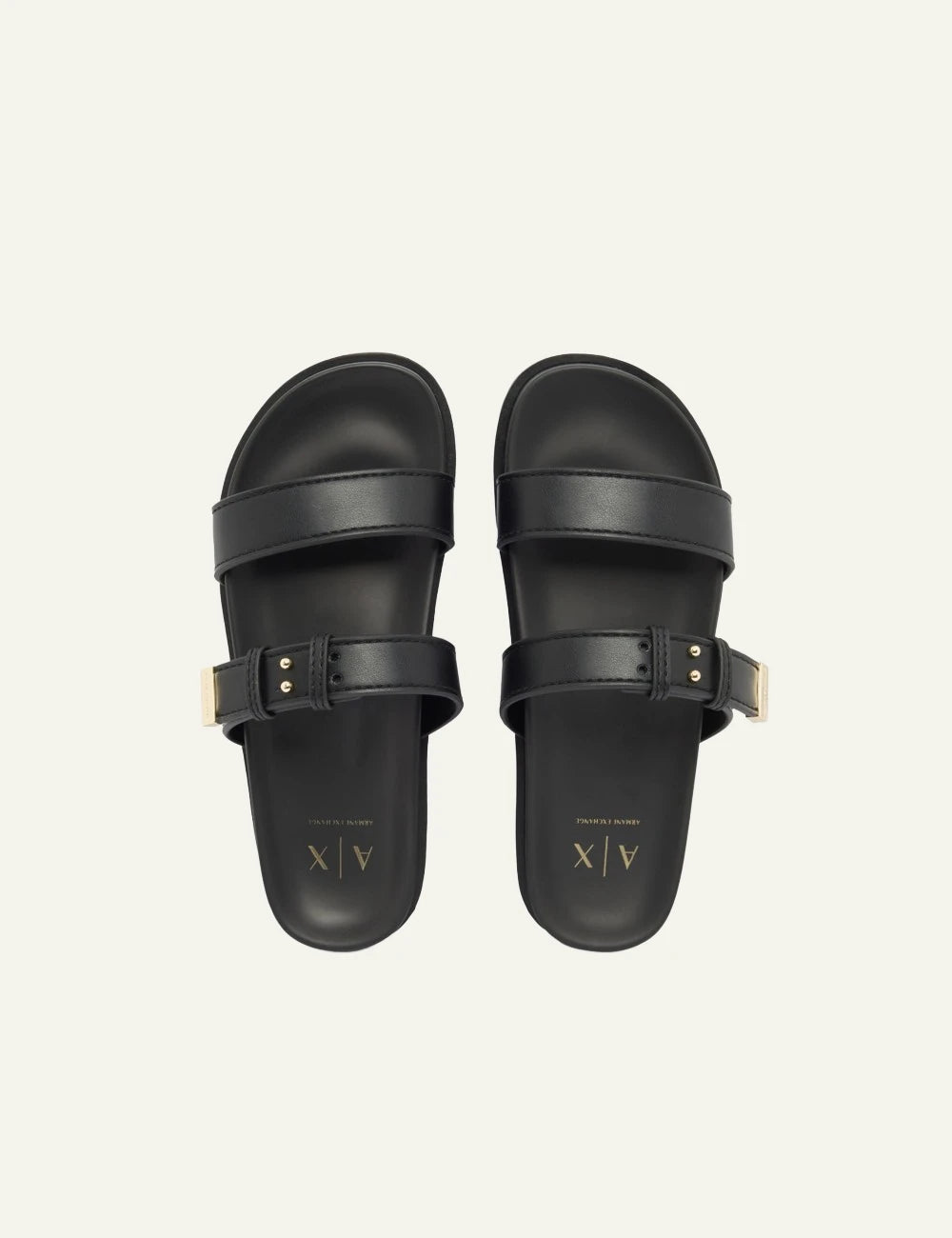 armani exchange black double strap slides top view