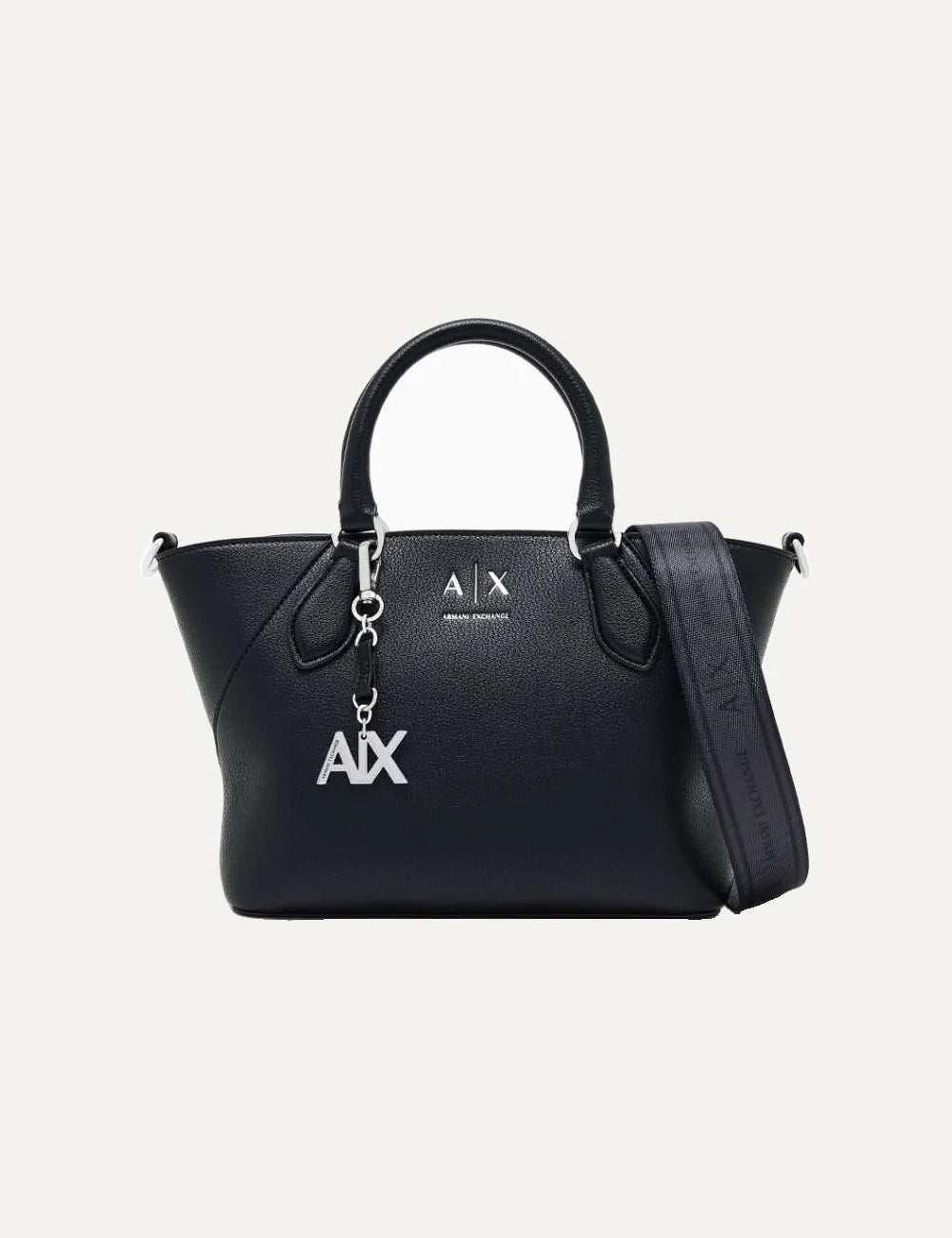 Women's Armani Exchange black handbag with double top handles, detachable shoulder strap, silver-tone A|X logo charm and zip closure