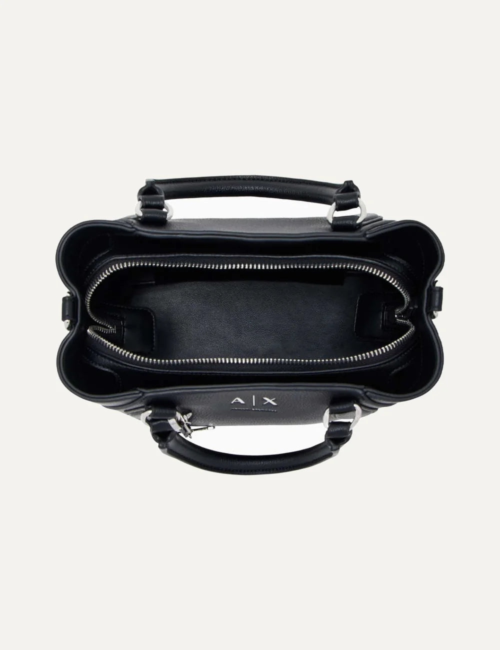 Women's Armani Exchange black handbag with double top handles, detachable shoulder strap, silver-tone A|X logo charm and zip closure top