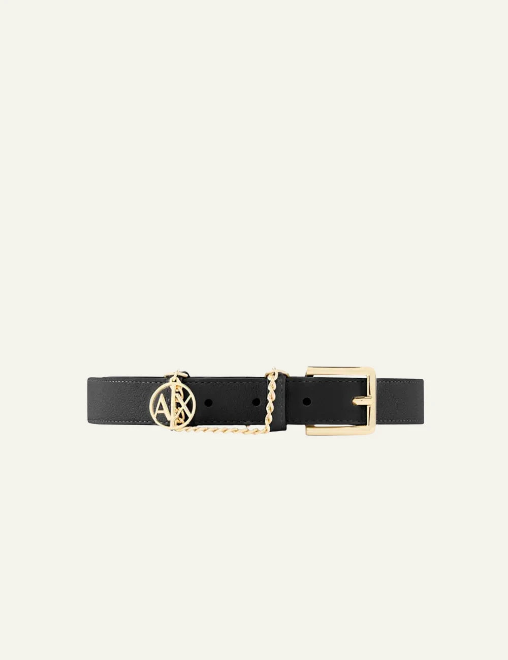 armani exchange black belt gold chain logo buckle front view