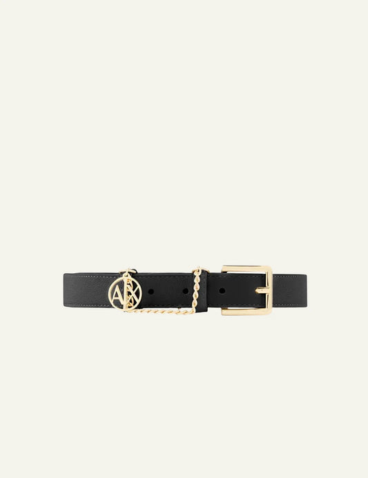 armani exchange black belt gold chain logo buckle front view