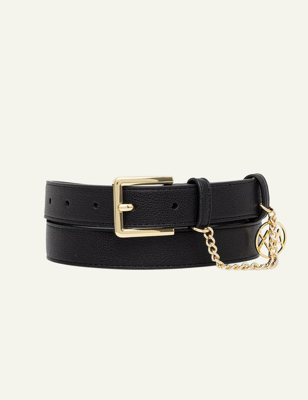 armani exchange black belt gold chain logo buckle front detail view