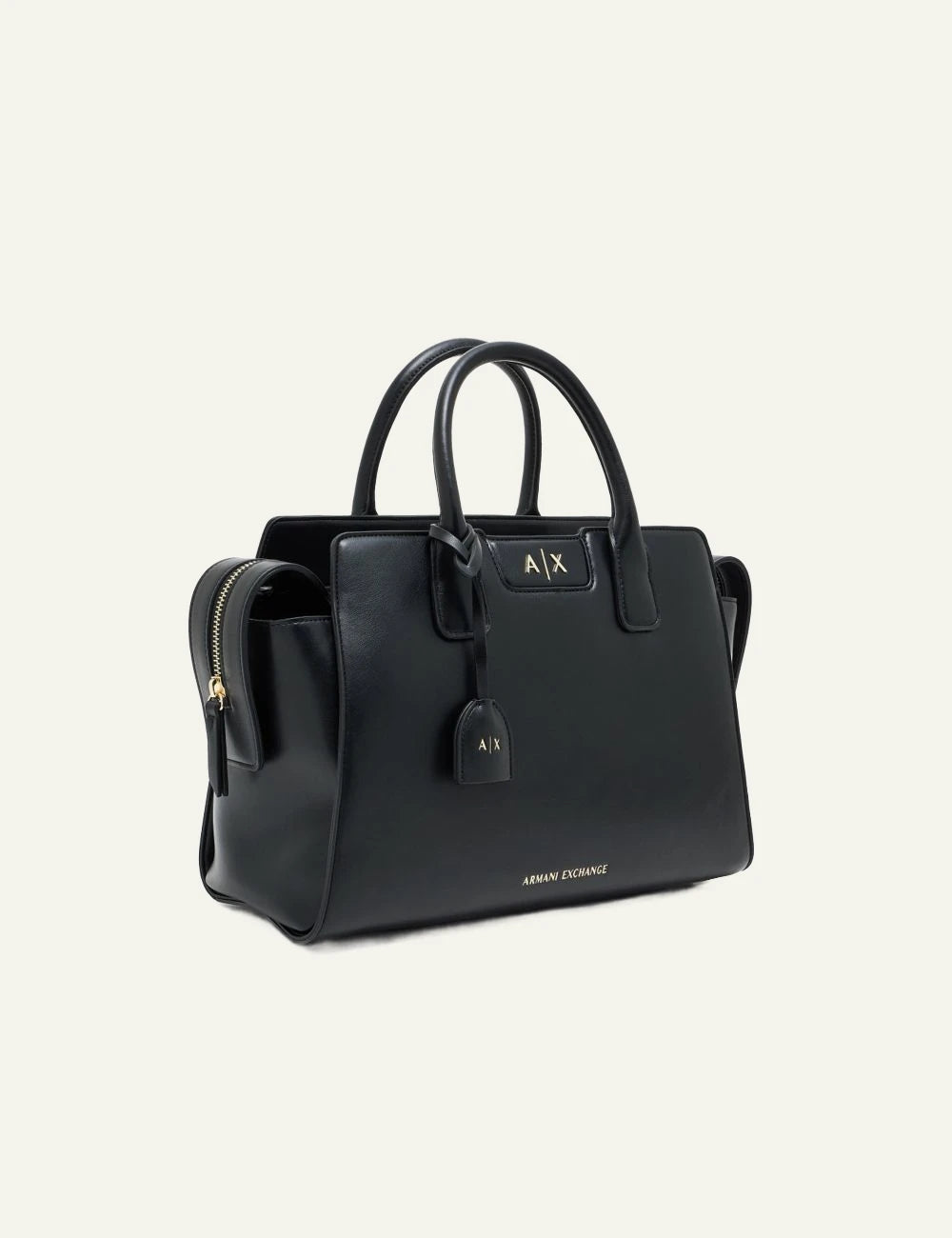 armani exchange black top handle bag side view