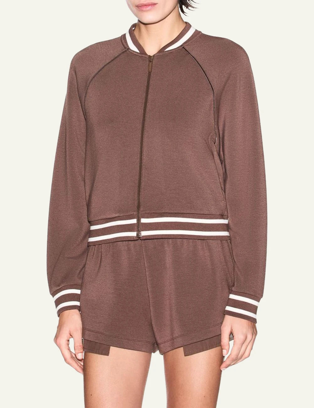 Armani Exchange bomber jacket brown zip front detail view