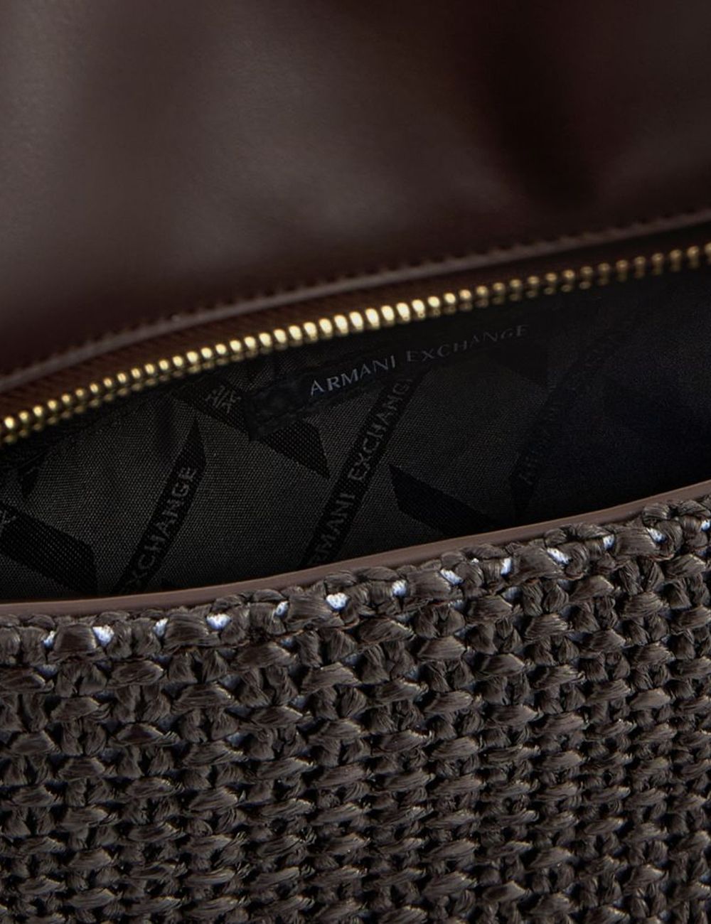 armani exchange dark brown woven shoulder bag top view