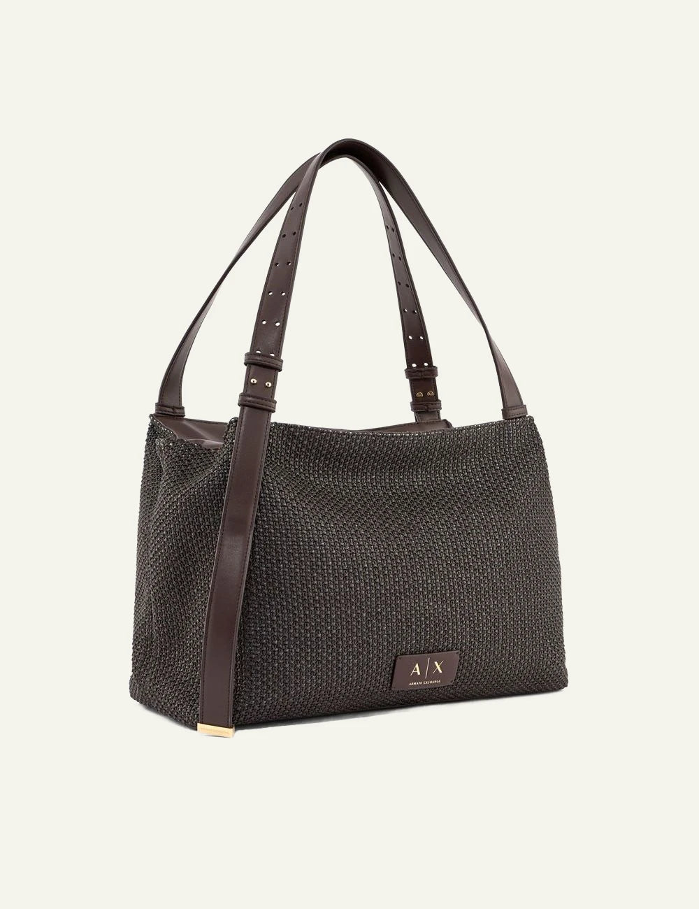 armani exchange dark brown woven shoulder bag side view