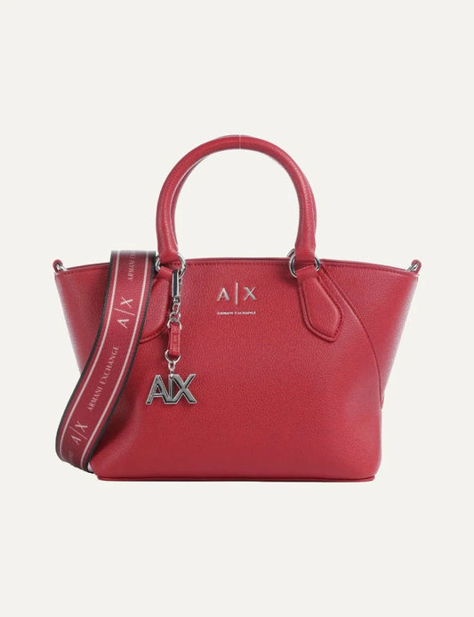 Women's Armani Exchange burgundy handbag with double top handles, detachable adjustable shoulder strap, silver-tone A|X logo charm and zip closure