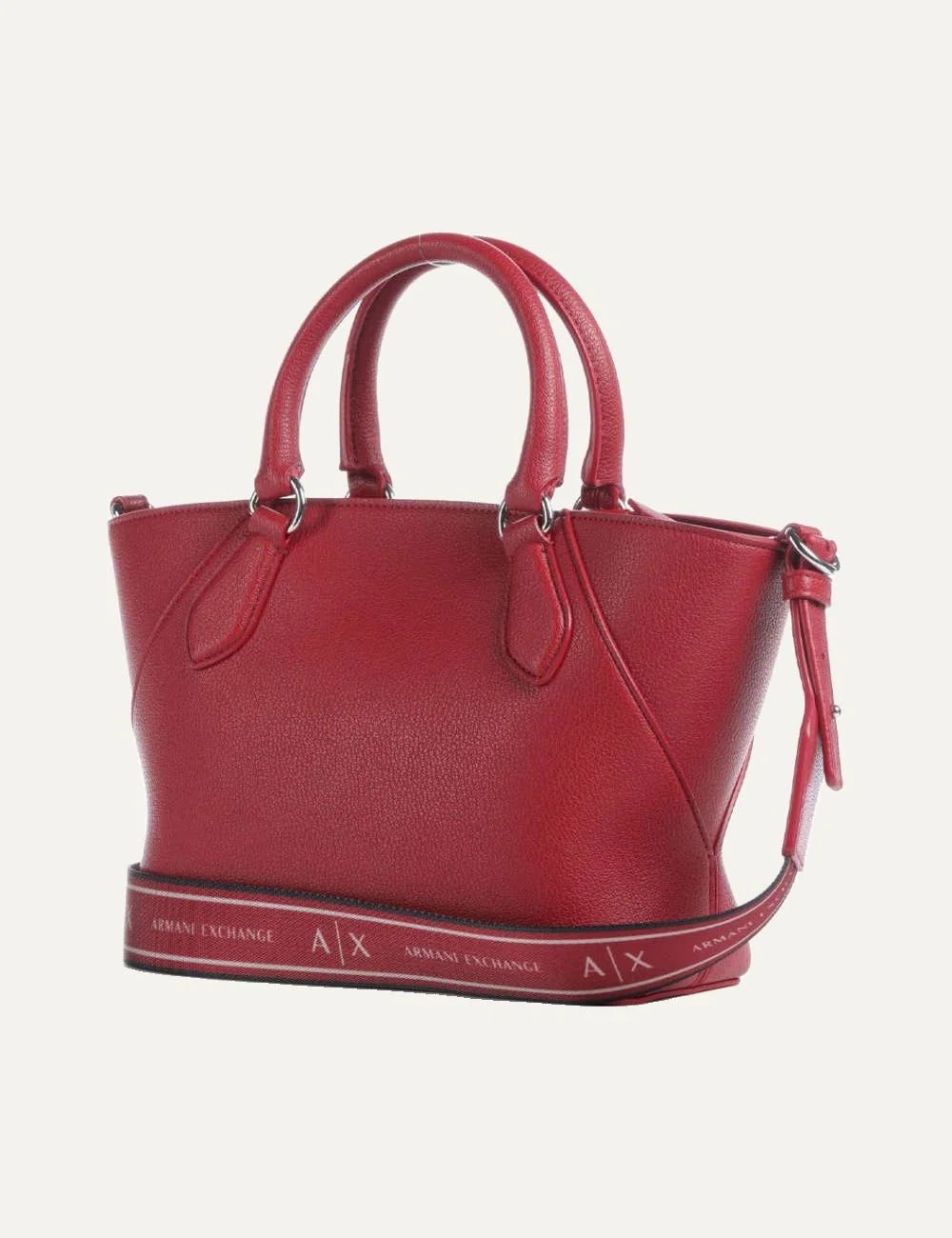 Women's Armani Exchange burgundy handbag with double top handles, detachable adjustable shoulder strap, silver-tone A|X logo charm and zip closure back