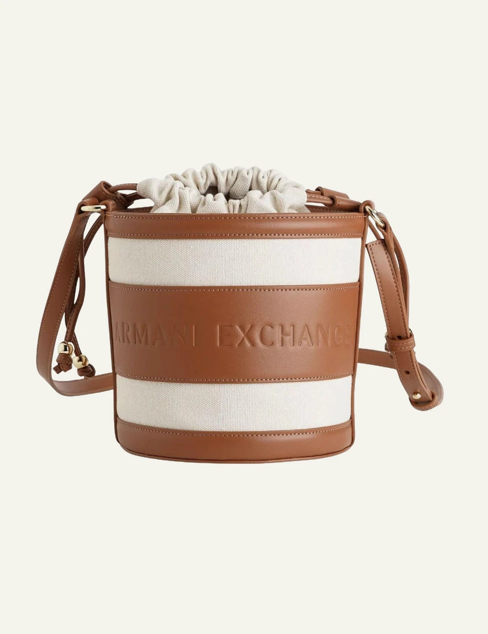 armani exchange canvas bucket bag beige and brown back view