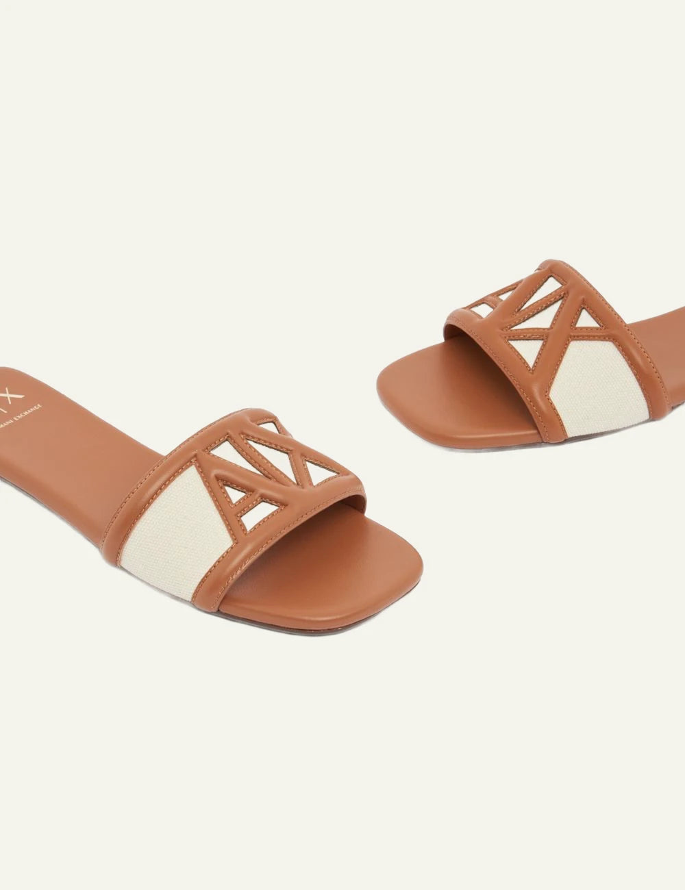 armani exchange taba canvas slide sandals geometric strap top view front pair view