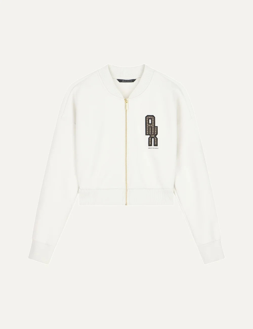 Women's Armani Exchange ecru cropped zip-up sweatshirt with ribbed collar, long sleeves and embellished A|X logo on the chest