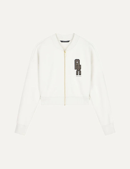 Women's Armani Exchange ecru cropped zip-up sweatshirt with ribbed collar, long sleeves and embellished A|X logo on the chest