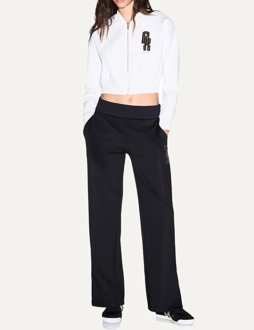 Women's Armani Exchange ecru cropped zip-up sweatshirt with ribbed collar, long sleeves and embellished A|X logo on the chest full body