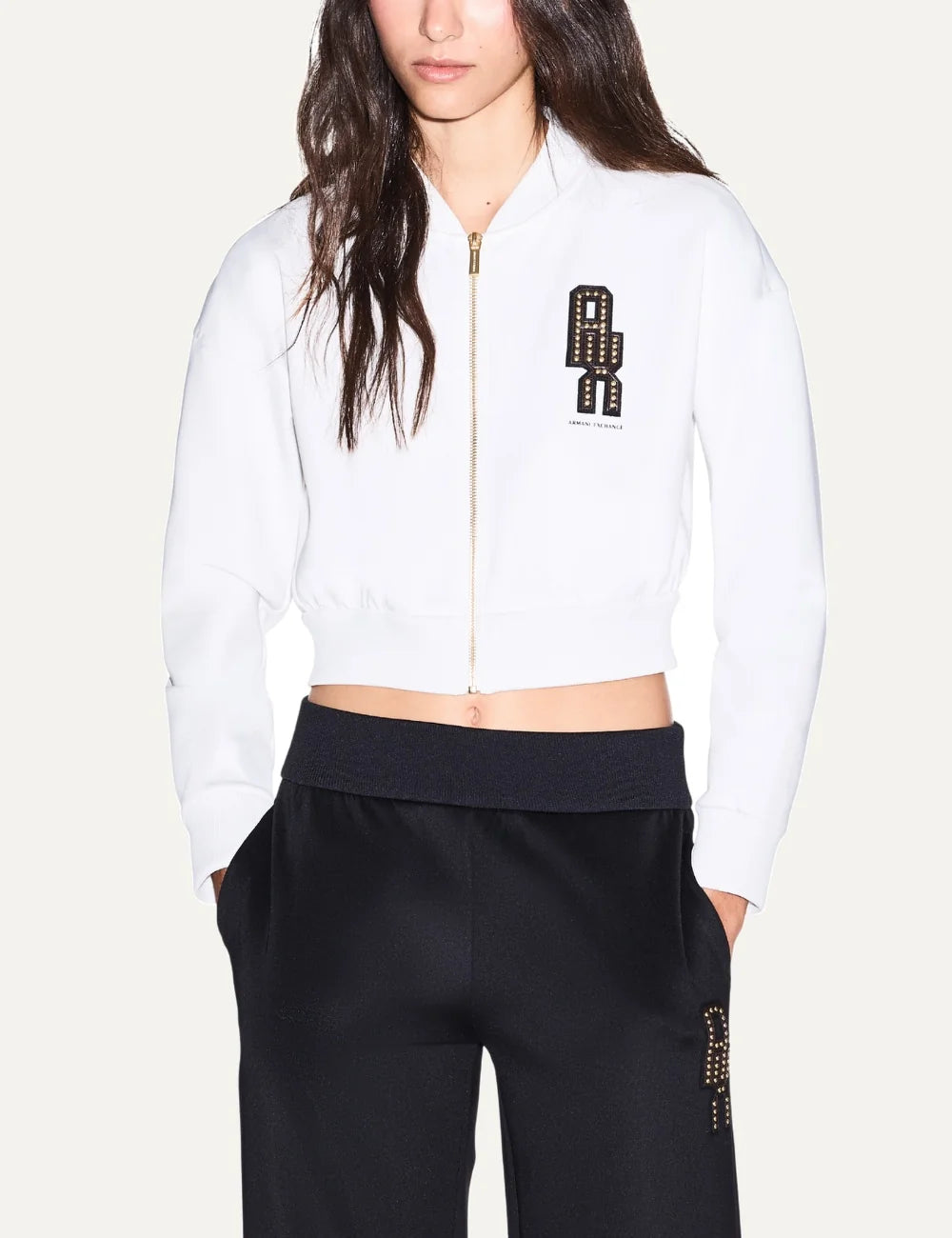 Women's Armani Exchange ecru cropped zip-up sweatshirt with ribbed collar, long sleeves and embellished A|X logo on the chest model