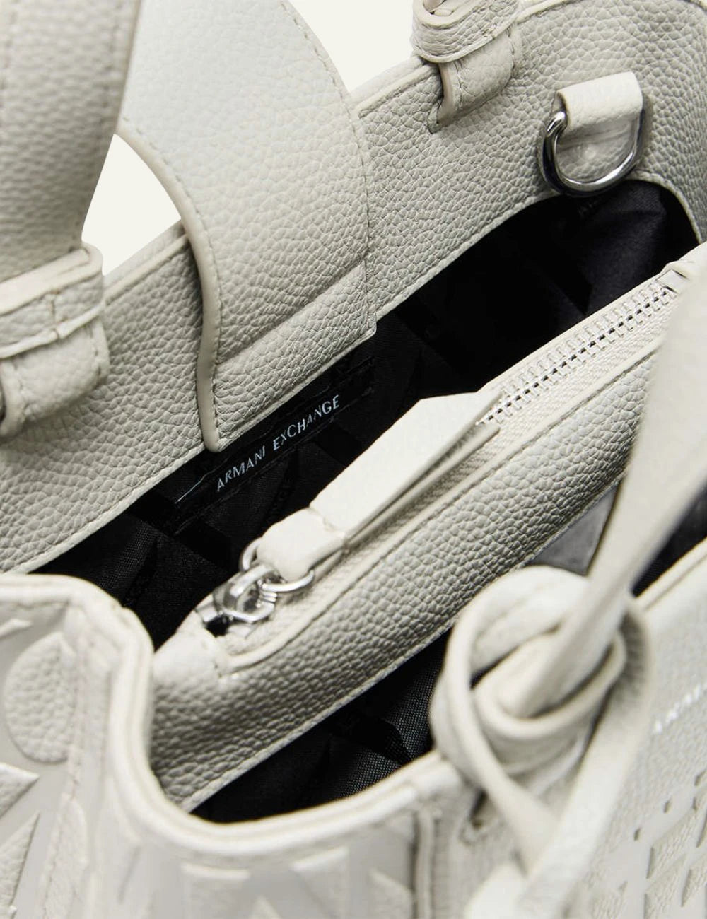 armani exchange cream embossed logo handbag top handle top view