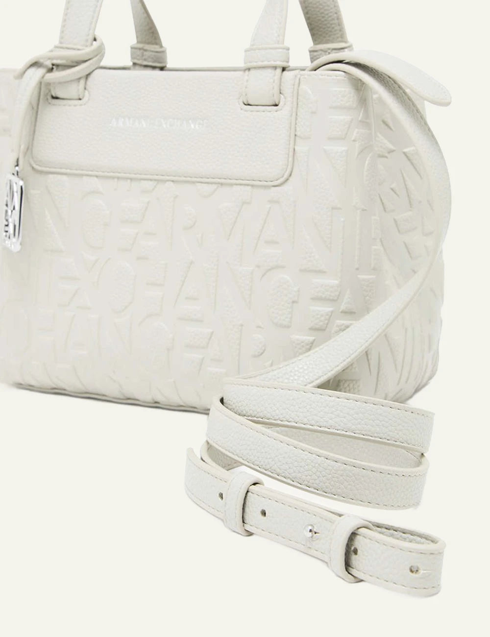 armani exchange cream embossed logo handbag top handle side view