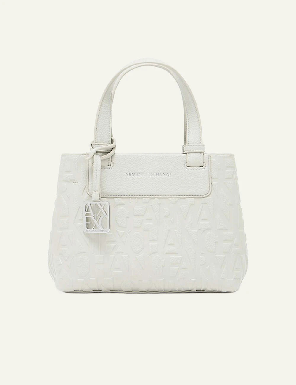 armani exchange cream embossed logo handbag top handle front view
