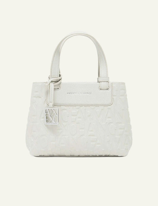 armani exchange cream embossed logo handbag top handle front view