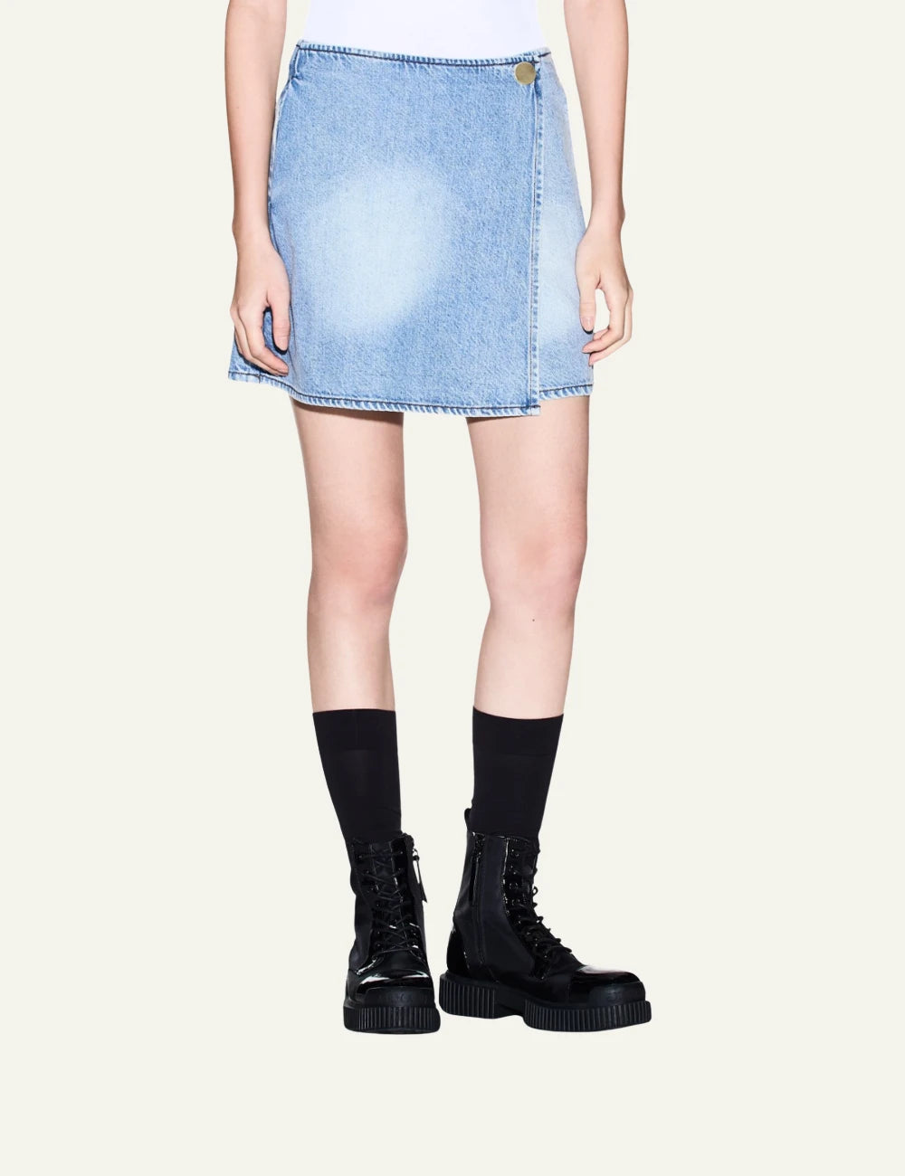 Armani Exchange light blue denim mini skirt wrap style front model view