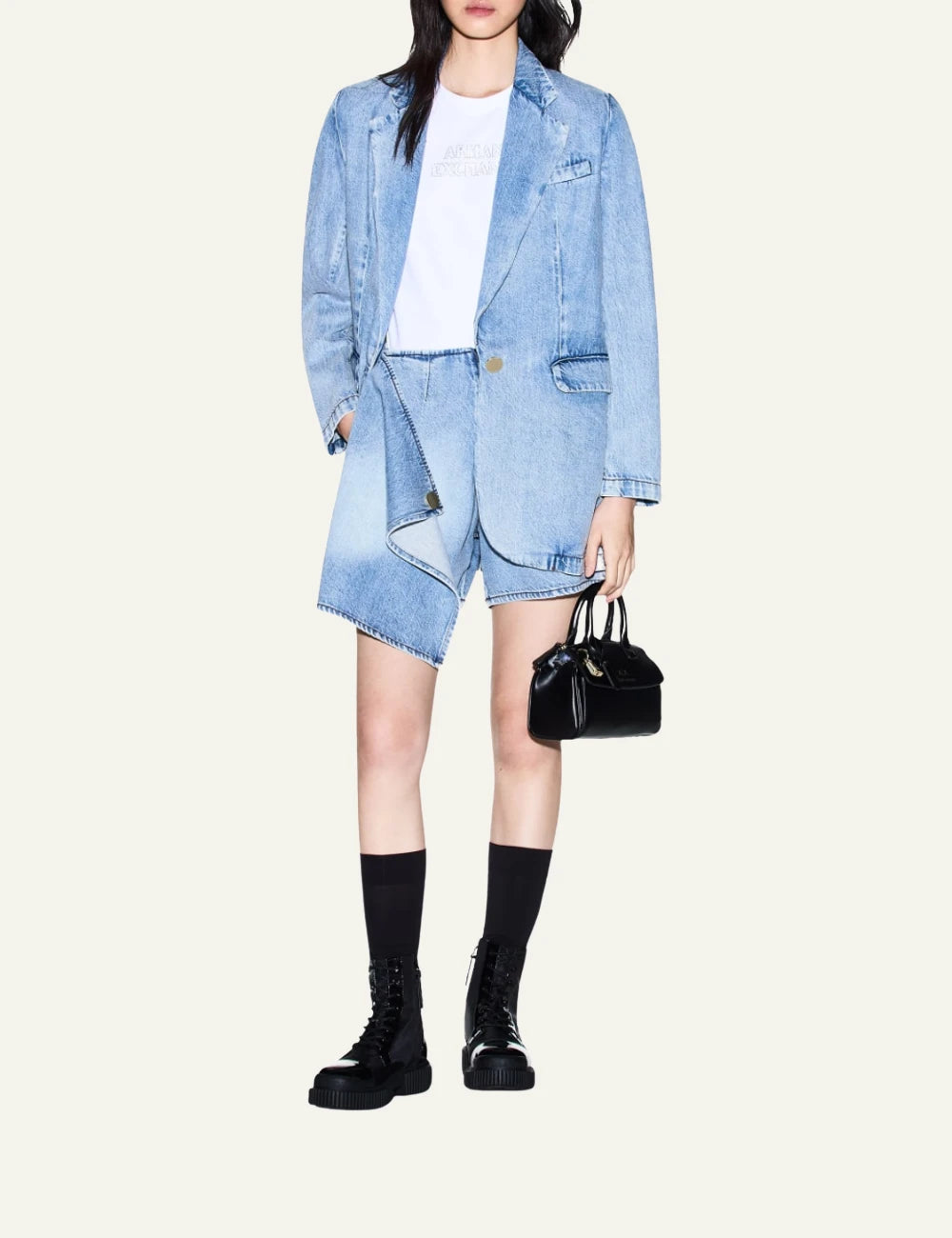 Armani Exchange light blue denim mini skirt wrap style full body view