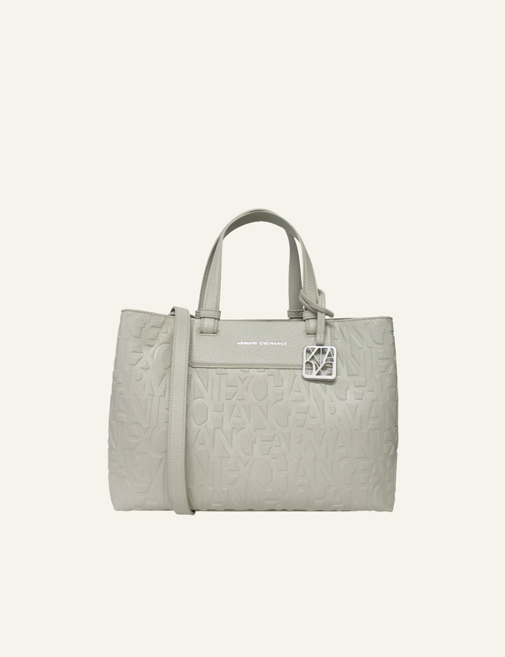 armani exchange light grey embossed logo tote bag front view