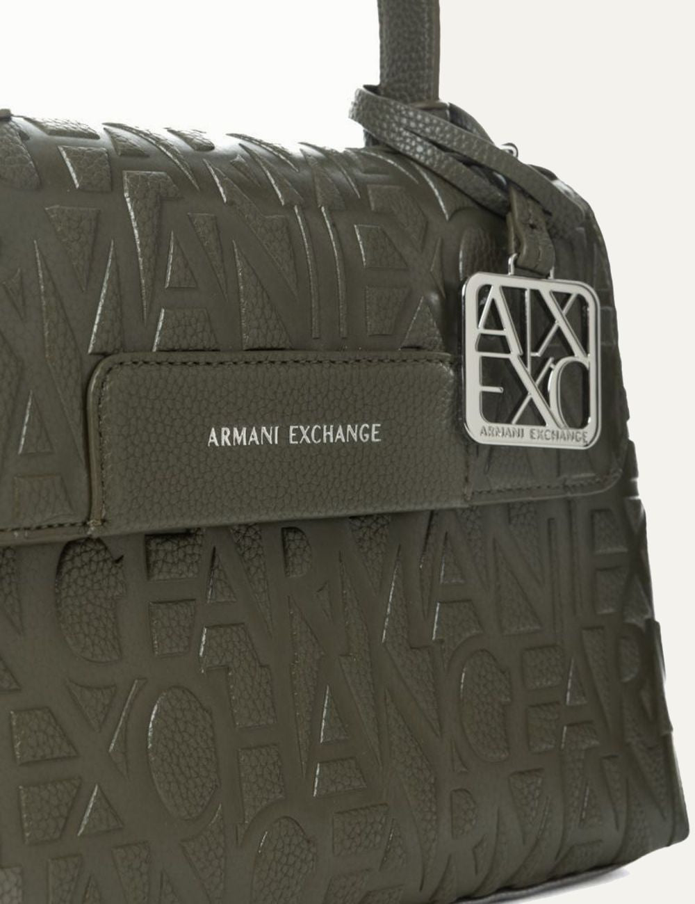 armani exchange olive embossed logo handbag silver ax charm detail view