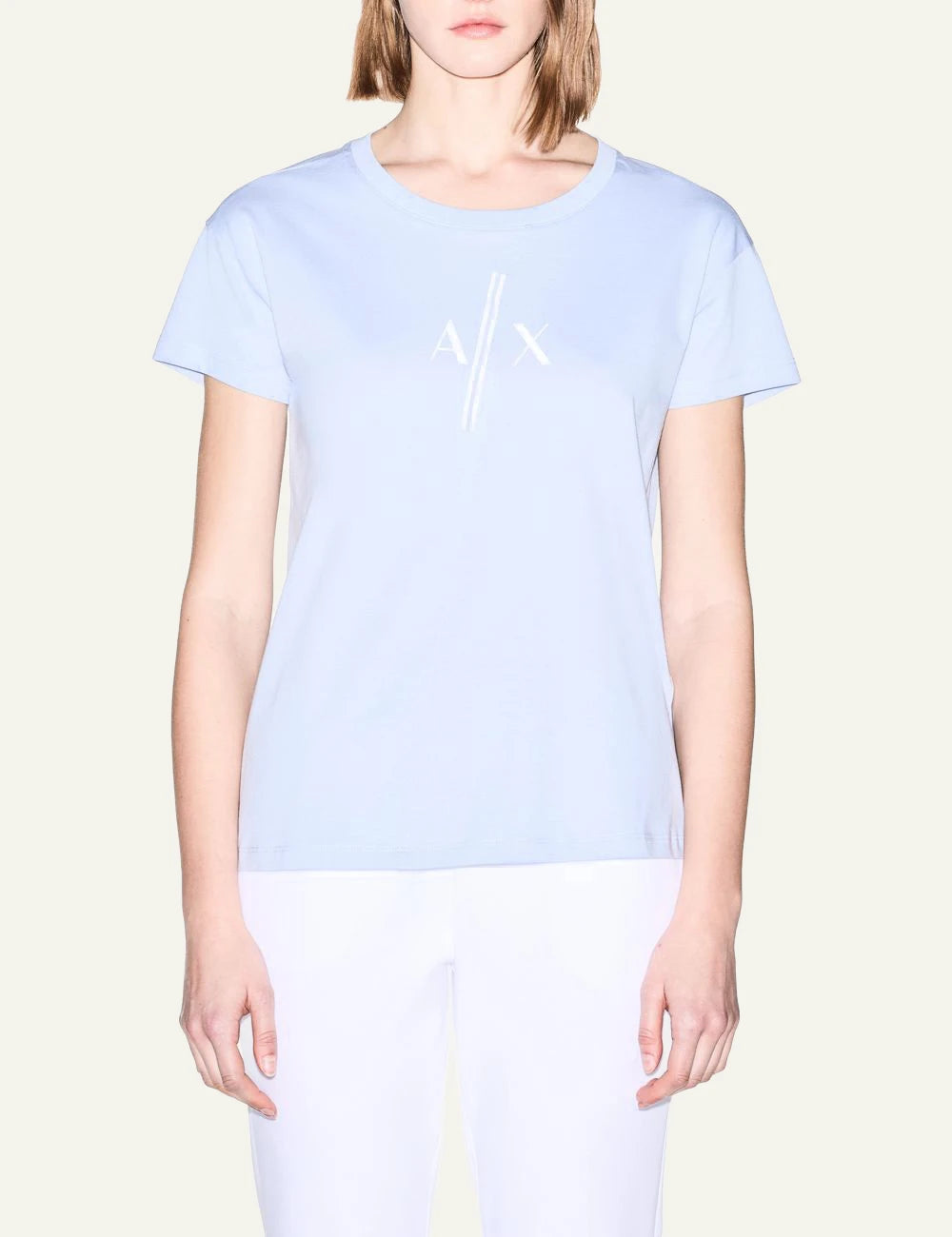 armani exchange light blue cotton t-shirt AX logo front model view