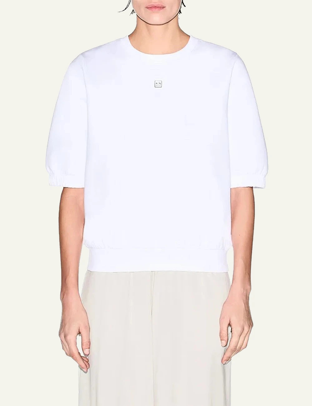 armani exchange white boxy sweatshirt AX logo front model view