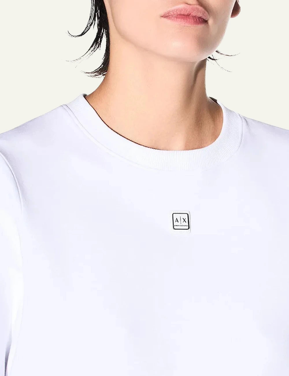 armani exchange white boxy sweatshirt AX logo front detail view