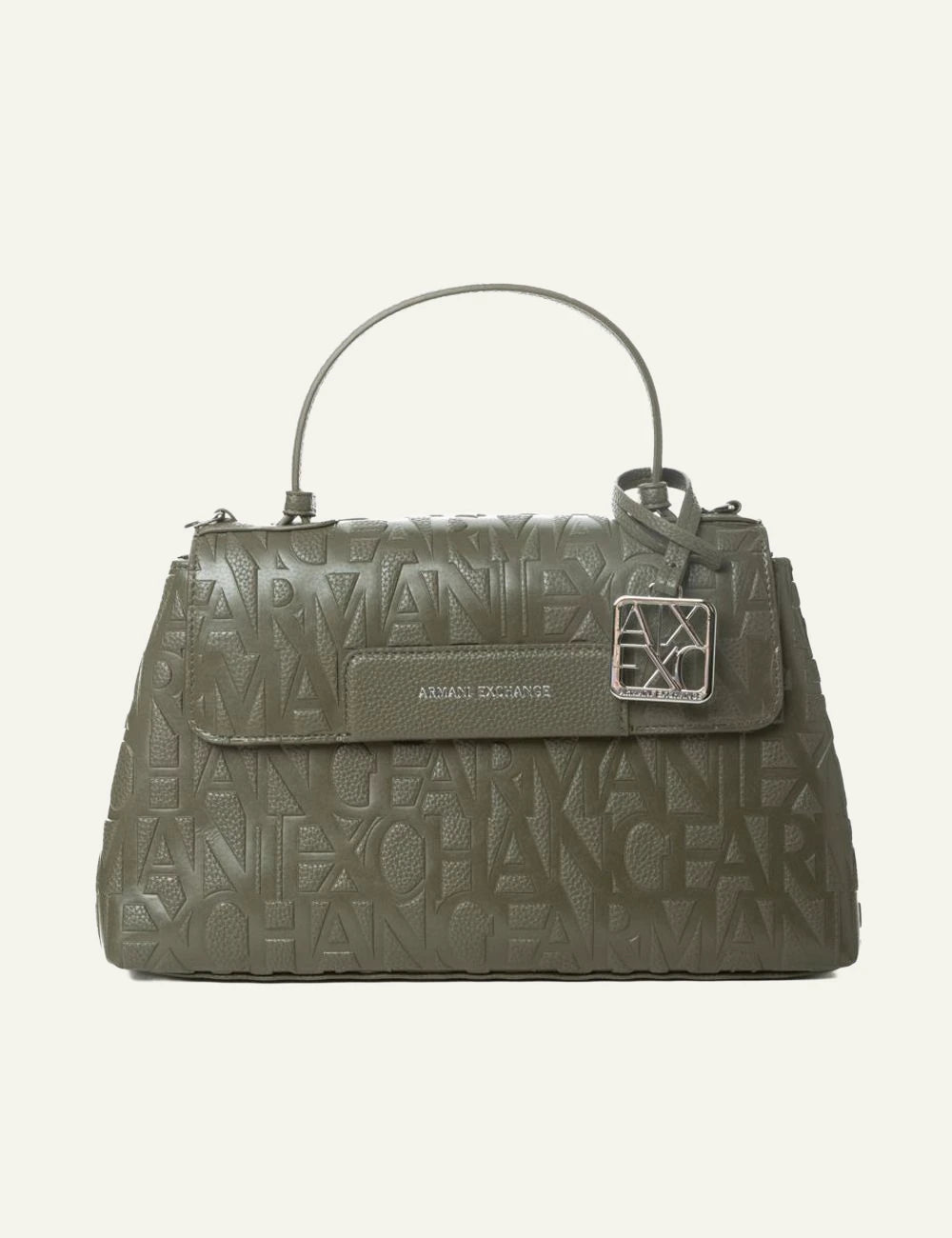 armani exchange olive embossed logo handbag silver ax charm front view
