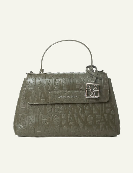 armani exchange olive embossed logo handbag silver ax charm front view