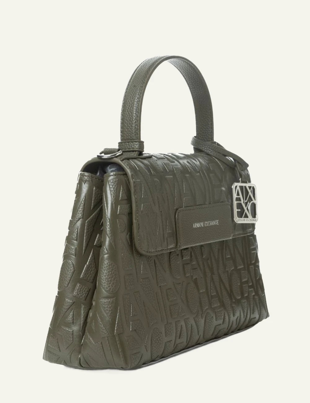 armani exchange olive embossed logo handbag silver ax charm side view