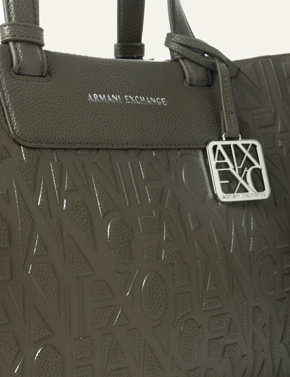 armani exchange olive embossed logo shopping bag silver ax charm front  detail view