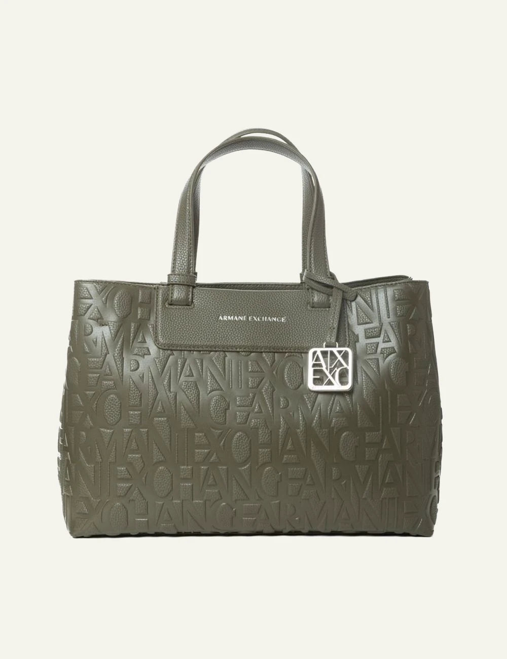 armani exchange olive embossed logo shopping bag silver ax charm front view