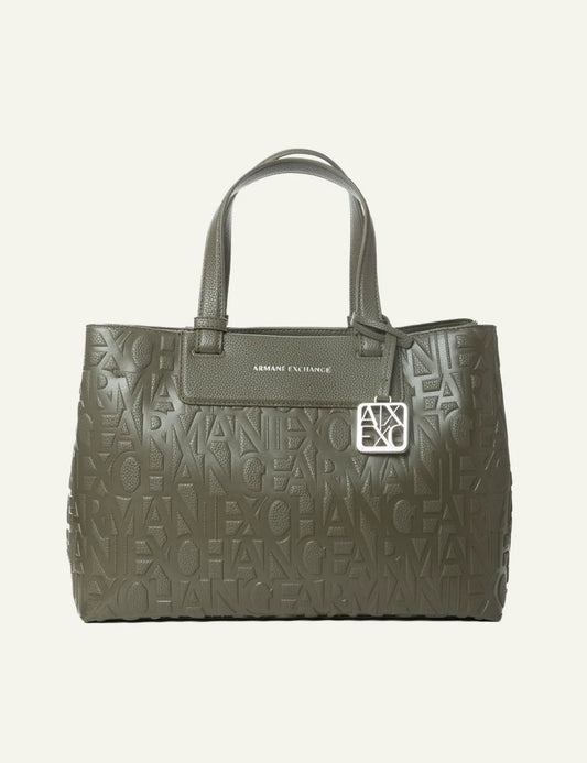 armani exchange olive embossed logo shopping bag silver ax charm front view