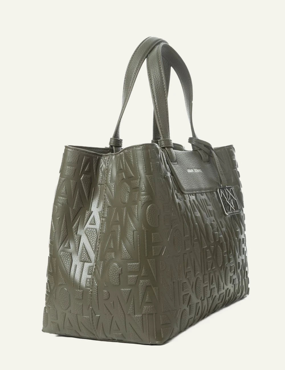armani exchange olive embossed logo shopping bag silver ax charm side view
