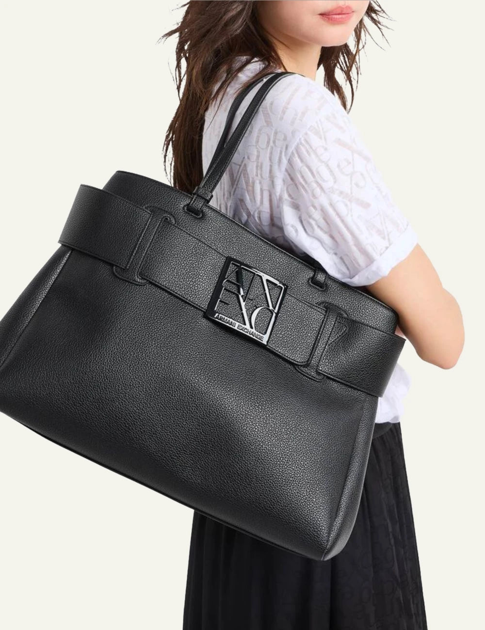 Armani Exchange shoulder bag black logo buckle front model view