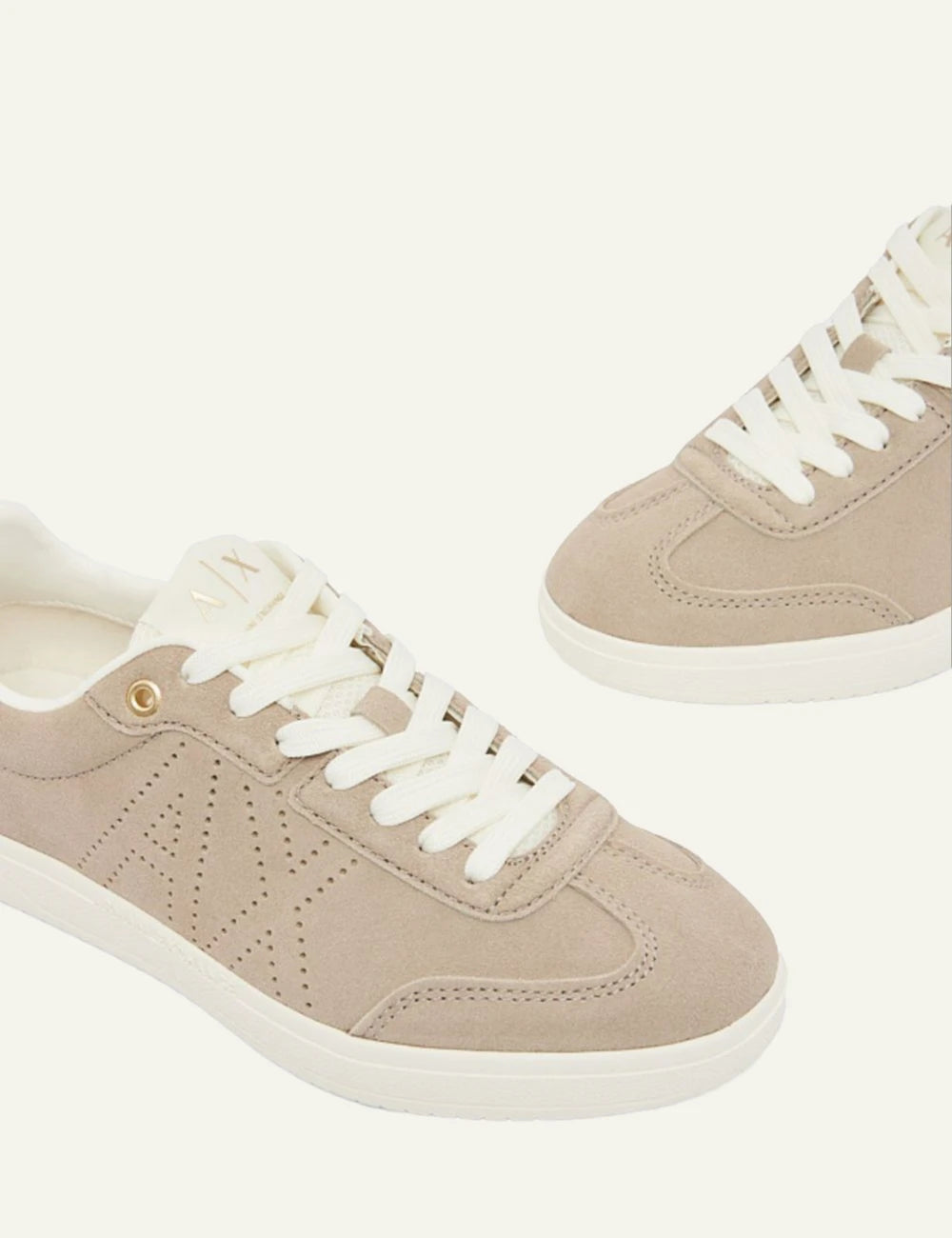 Armani Exchange sneakers beige suede gold heel detail angled view