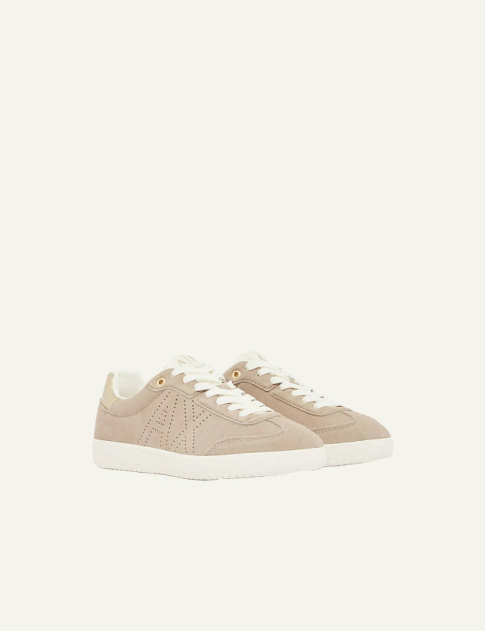 Armani Exchange sneakers beige suede gold heel detail profile view