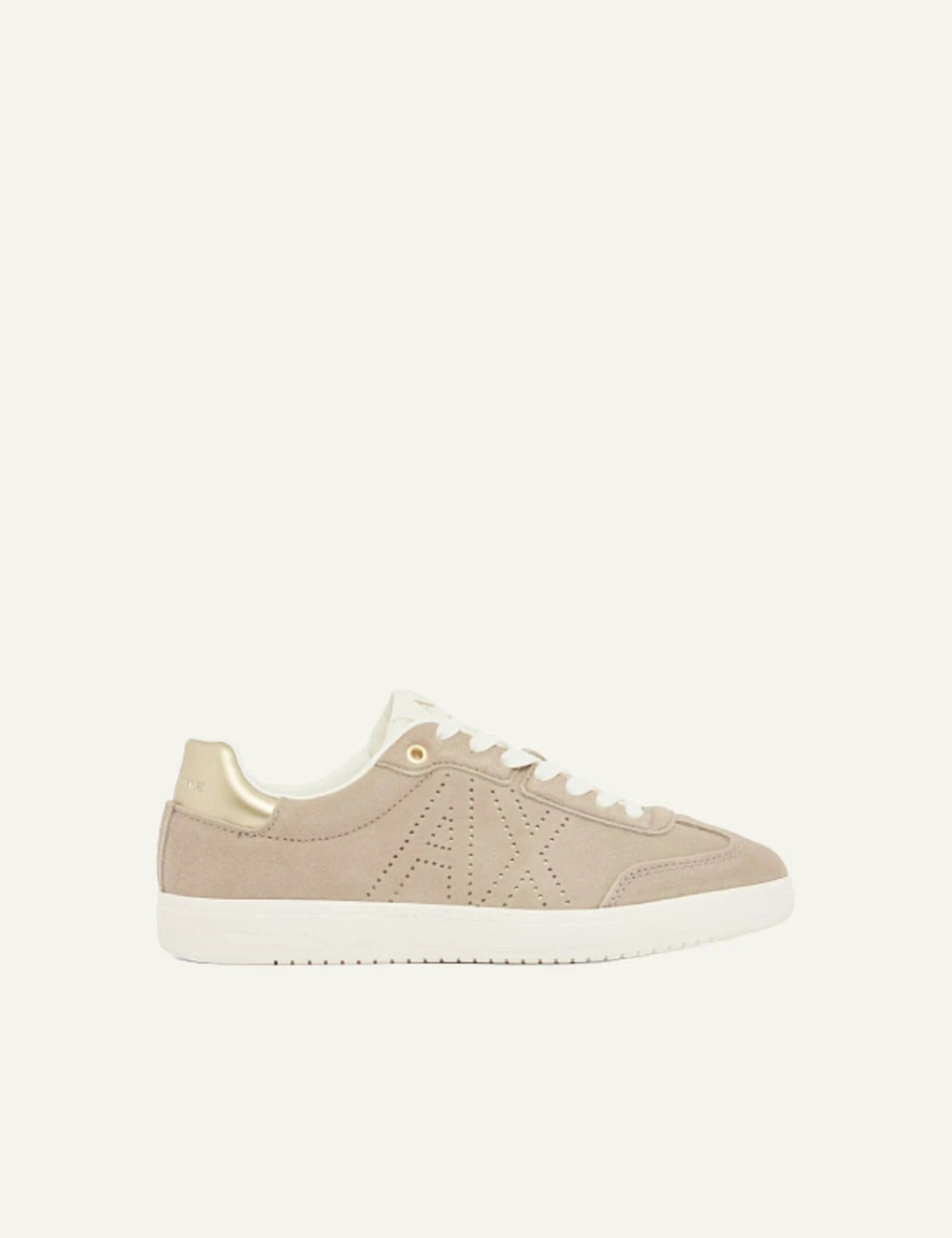 Armani Exchange sneakers beige suede gold heel detail side view