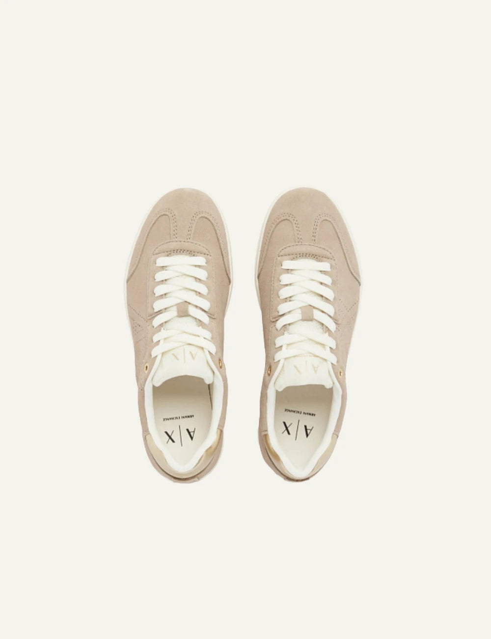 Armani Exchange sneakers beige suede gold heel detail top view