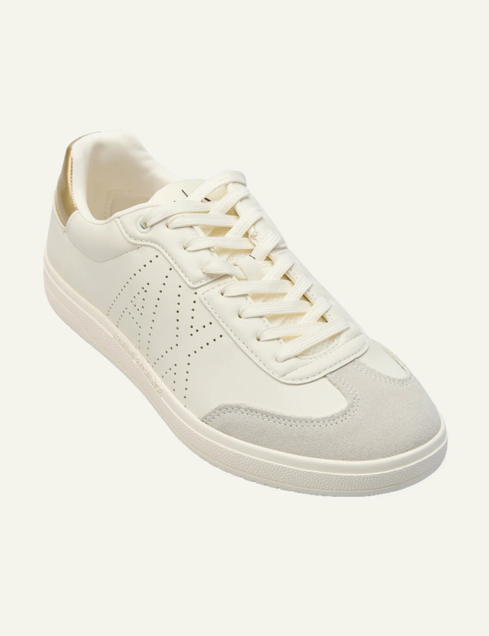 Armani Exchange sneakers white leather gold heel detail angled view
