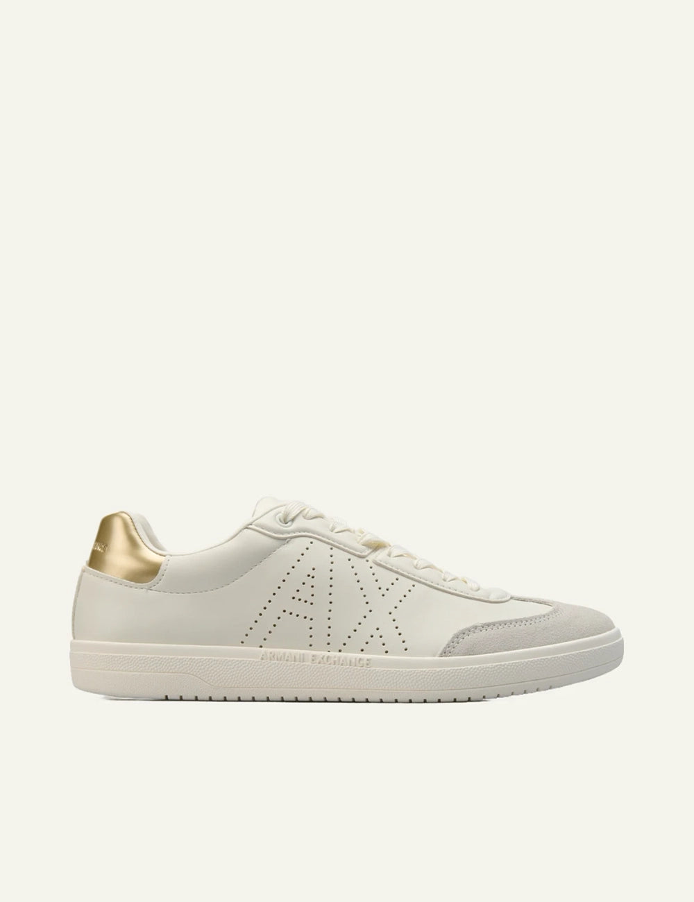 Armani Exchange sneakers white leather gold heel detail side view