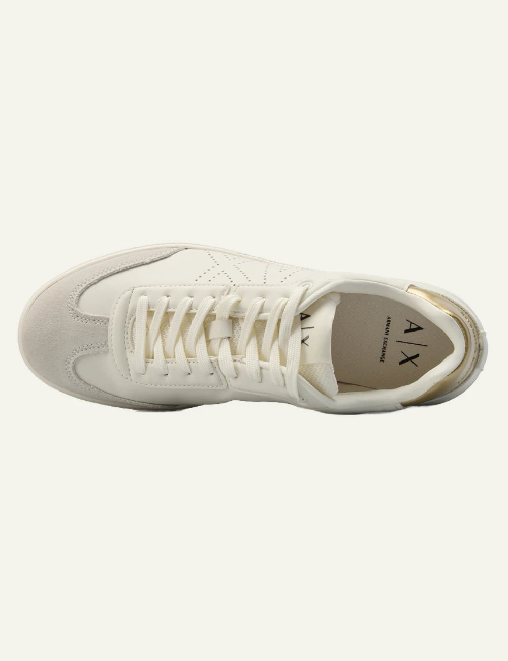 Armani Exchange sneakers white leather gold heel detail top view