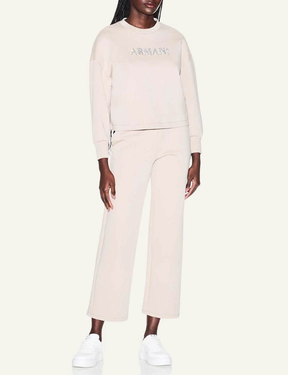 armani exchange beige cropped sweatpants strass logo full body view