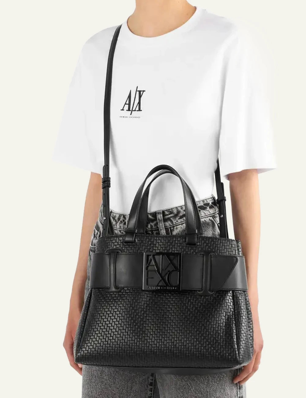 armani exchange woven black tote bag AX logo front model view