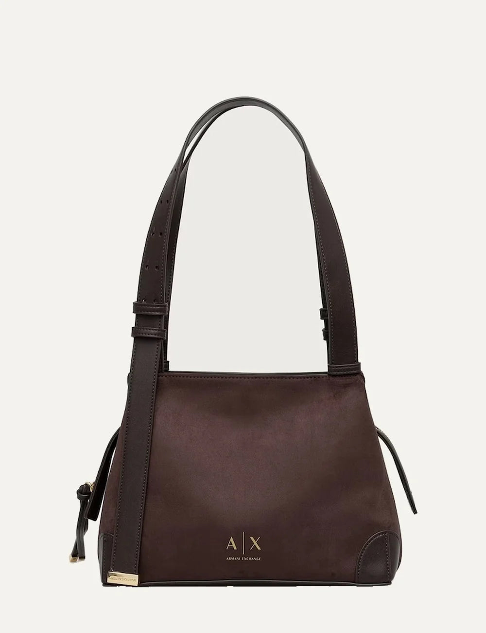 Women's Armani Exchange dark brown faux suede shoulder bag with adjustable double straps, gold-tone logo and structured base