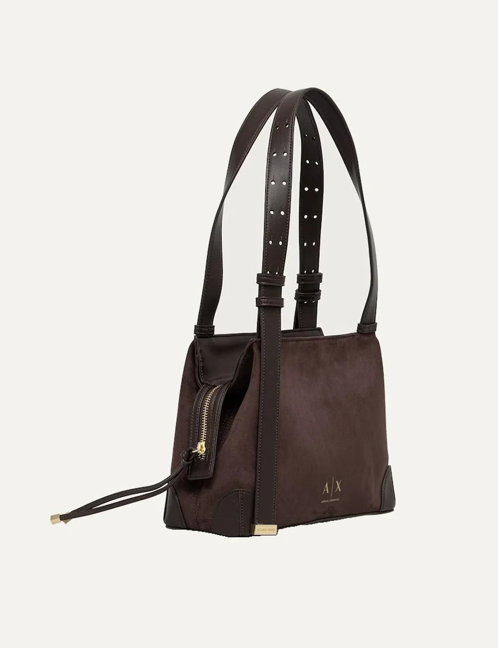 Women's Armani Exchange dark brown faux suede shoulder bag with adjustable double straps, gold-tone logo and structured base side